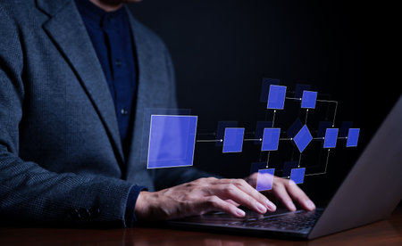 Planning workflow process management. Business automation flowchart for process improvement. Step...