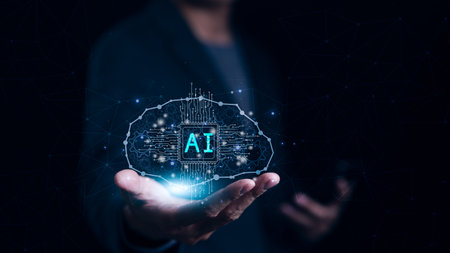 Ai, Artificial intelligence technology concept. Hand touching brain of AI on a virtual interface. Use AI to create ideas, Innovation and Futuristic, Machine learning, Innovative and development,の写真素材