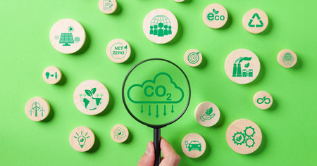 Magnifying glass with reduce CO2 emission concept, Environment icons decrease CO2, Reduction carbon...