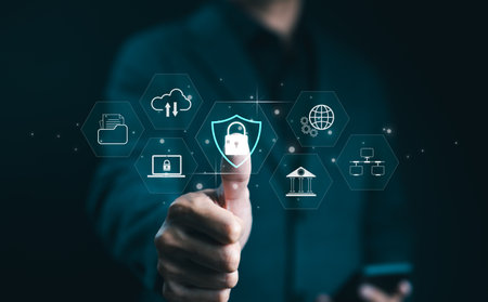 Cybersecurity concept. Businessman protect personal data on smartphone with internet network...