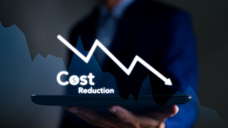 Businessman working on company cost saving. Cost wording on decreasing coins stacking with the down...