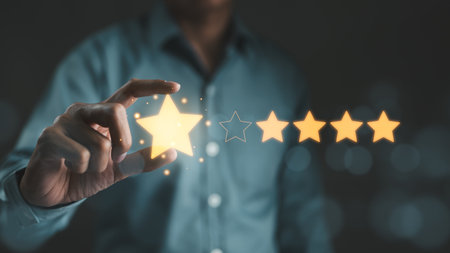 Customer review satisfaction feedback survey concept. User give rating to service excellent experience on mobile phone application, Client evaluate quality of service reputation ranking of business.の写真素材