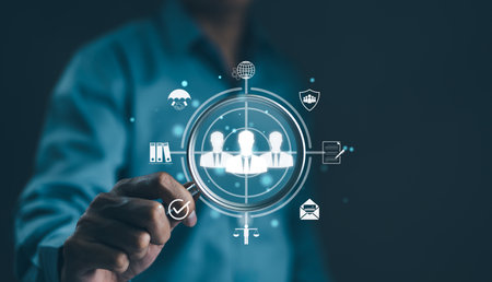 HR, human resources management technology concept. Businessman select quality human from qualifications and information data for leadership in organization and company, CRM, Recruitment Employment,の写真素材