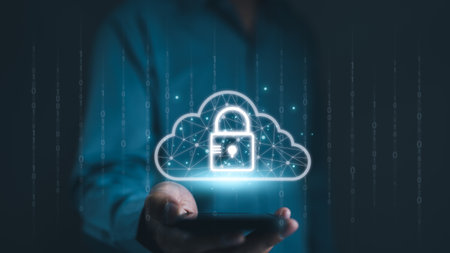 Cloud computing technology to database storage security concept. Man showing cloud with padlock icon on network connection. Cybersecurity and Internet backup transfer. Secure data online, web hosting,の写真素材