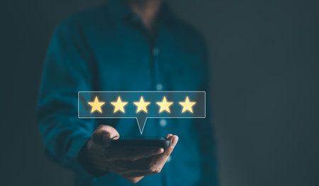 Customer review satisfaction feedback survey concept. User give rating to service excellent...