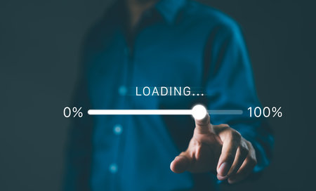 Person interacting with a futuristic loading progress bar interface, depicting data processing or software installation. Digital loading bar progress from 0 to 100 percent, information download,の写真素材