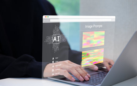 AI prompt image generator technology. Use AI software on laptop to generate images, futuristic user...