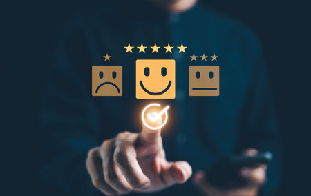Customer review satisfaction feedback survey concept. User give rating to service excellent experience on smartphone application, Client evaluate quality of service reputation ranking of business.の写真素材