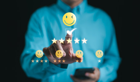 Customer Satisfaction Rating and Feedback Concept. Person interacting with a digital customer satisfaction survey, emphasizing high-quality service and customer feedback. experience, review, 5 stars,の写真素材