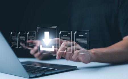 Digital File Download and Data Transfer Technology. Person interacting with digital interface to...