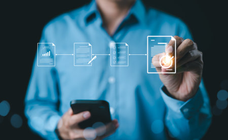 Process to Quality Assurance and Document Control Workflow. Businessman interacts with digital workflow, displaying process from document creation to quality assurance and final approval. QC, QA, ISO,の写真素材