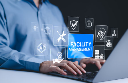 Facility Management and Digital Solutions Concept. Icons related to facility management, maintenance, AI, IoT, security, and optimization. integration of technology in managing facilities efficiently.の写真素材