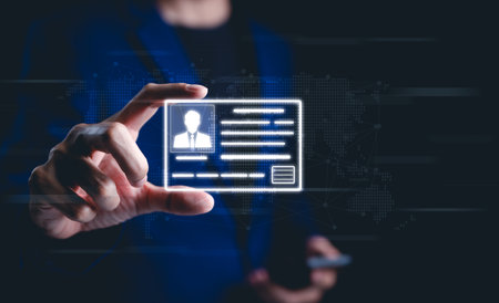 Digital identity card concept. Businessman holds glowing digital identity card, symbolizing digital...