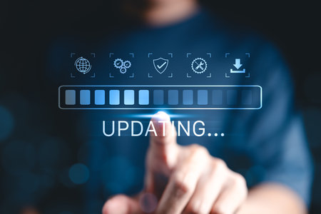 Update software application upgrade technology concept. Software update or Operating system, patch update, updating progress bar, Install app patch, new version, Improved security, program downloadingの写真素材