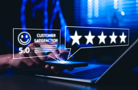 Five-star rating review and Customer satisfaction concept. Man using smartphone to give five-star...