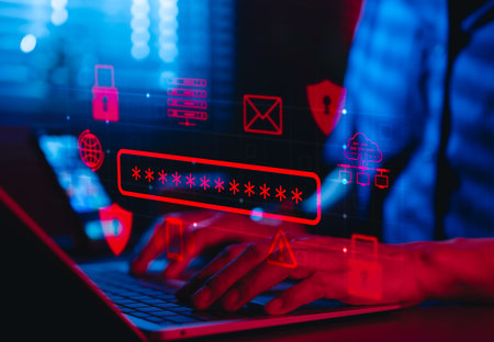 Cybersecurity Password Protection Concept. A person typing on laptop with digital password input,...
