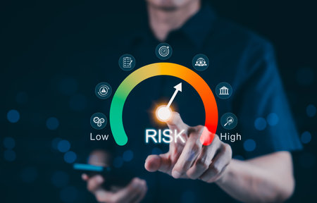 Risk assessment and management performance indicator gauge. Risk level gauge from low to high, performance evaluation, analysis, strategic planning, and decision-making process for business continuityの写真素材