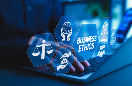 Business Ethics and Corporate Responsibility Concept. A businessman working on laptop with icons representing business ethics, integrity, corporate responsibility, professional standards, core values,の写真素材