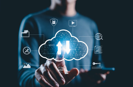 Cloud Storage and Data Transfer Technology Concept. A person touching glowing cloud icon with upload...