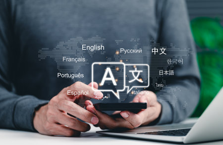 Multilingual Language Translation, Communication Concept. Man using phone with icons various...
