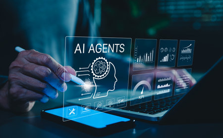 AI Agent Concept. Person interacts with AI agent technology, analytics charts, performance KPIs, symbolizing artificial intelligence in business innovation. data analysis for business intelligence,の写真素材