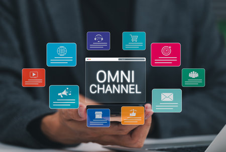 Omni Channel Digital Marketing and E-Commerce concept. Businessman with omni-channel market icon, customer engagement, online sales, print ads, website, social media, call center, email, store, mobileの写真素材