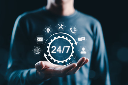24/7 Support and Service Availability Concept. Person presents 24/7 service with support and...