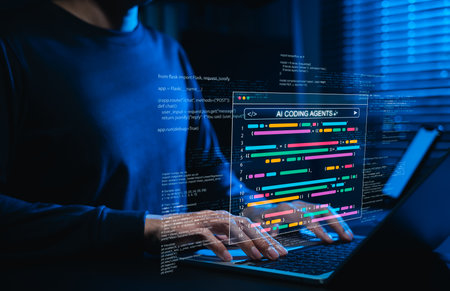 AI coding agents for software development concept. Programmer use laptop with code and AI assistant represent artificial intelligence, AI programming, software developer tools, Machine Learning Code,の写真素材