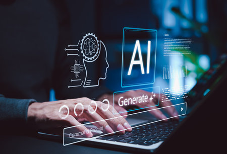 Futuristic concept of artificial intelligence technology, showing hands typing on a laptop with digital interface elements like AI, data, neural network and command prompt in modern tech environment.の写真素材
