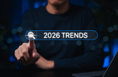 Trends 2026 year concept. Businessman touching search bar with 2026 Trends text. Ideal for future technology, digital innovation, SEO marketing, market forecast, business strategy upcoming trend.の写真素材