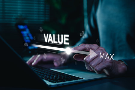 The concept of business value added. Businessman touching virtual progress bar with the word value...