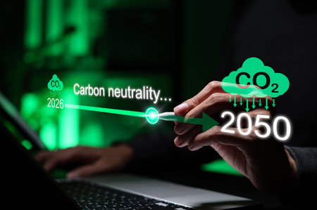 Carbon neutrality concept. Person pointing to timeline toward net zero 2050 with CO2 reduction icons...