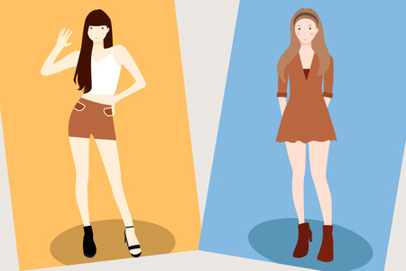 Vector illustration of a beautiful girl in a brown dress and shorts.の写真素材