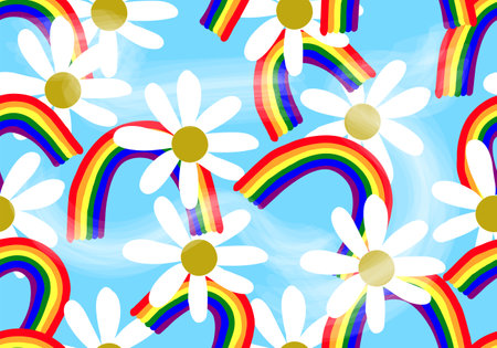 Daisy and rainbow on a blue background,Seamless pattern with daisy flower,cute background vector illustration,のイラスト素材