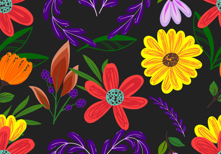 Seamless pattern with floral scribble motifs.&#xD;&#xA;Hand drawn with scribble textures and floral elements.&#xD;&#xA;Floral scribble vector design for Fashion printing,Wrapping,Backgrounds and Crafts.のイラスト素材