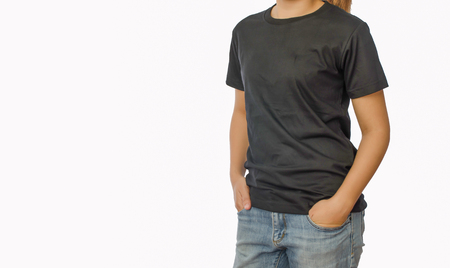 T-shirt design concept - a woman wearing a black t-shirt that was empty.の写真素材