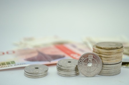 Norwegian Krone banknotes and coins currency of Norwayの写真素材