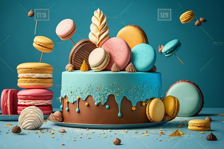 Blue birthday cake decorated with sweet macarons on a blue background.の写真素材