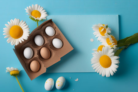 Easter with eggs and daisies on a blue background. Beautiful