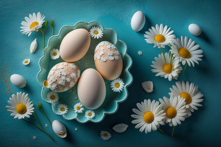 Easter with eggs and daisies on a blue background. Beautiful