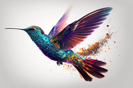 Hummingbirds have a black background with lights around them. its neck and wingsの写真素材