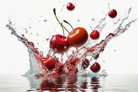 cherries falling into deep clear water on white backgの写真素材