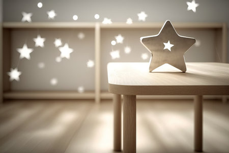 Stars on a brown table in a starry room in a children's roomの写真素材