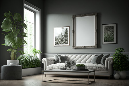 Modern living room in 3D style in white and green tones , beautiful, inviting, relaxing place