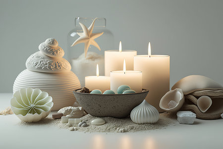 Closeup of burning candles on table, spa, stones, flowersの写真素材