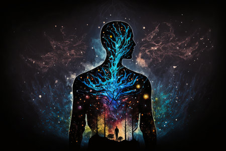 silhouette of stars with abstract space background Mysterious life and life after meditationの写真素材