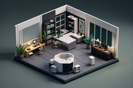 3D room with modern building background in a minimalist kitchen interior.の写真素材