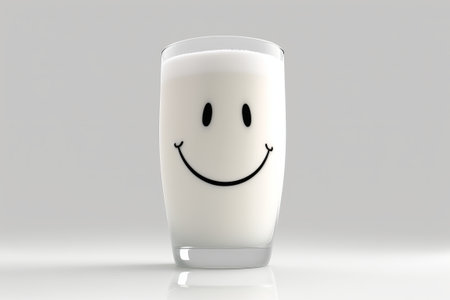 Funny glass of milk with a happy face. Cartoon character. Isolated on white background.の写真素材