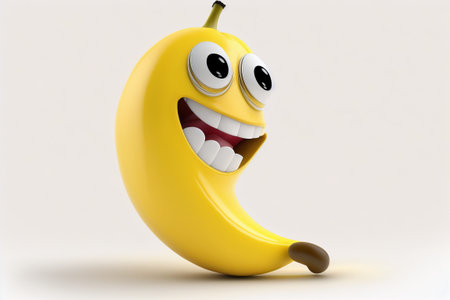 Smiling banana cartoon character on white backgroundの写真素材