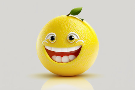 Smiling lemon cartoon character on white backgroundの写真素材